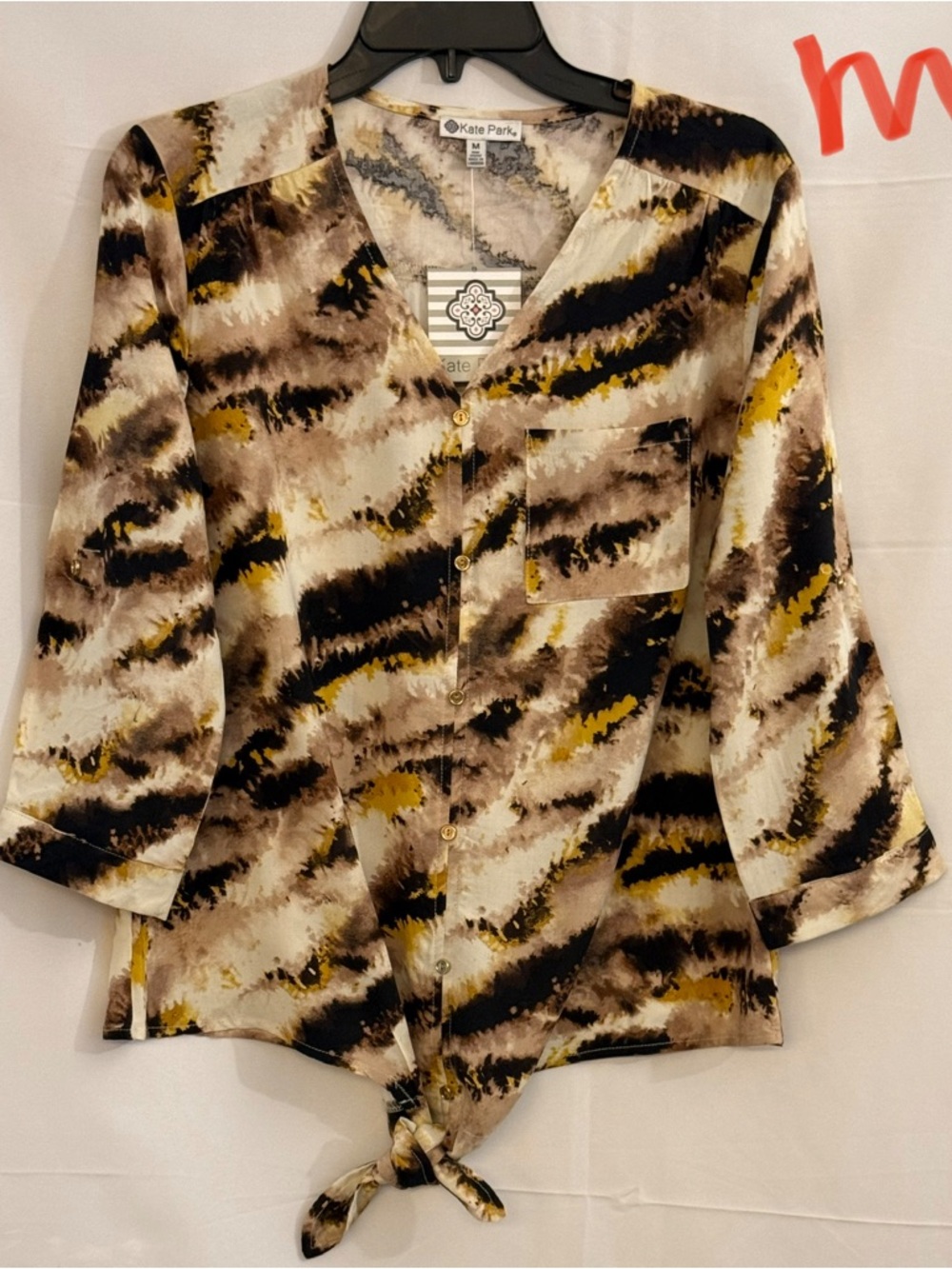 Kate Park Brown Black Yellow Abstract Tie-Front Button Down Shirt